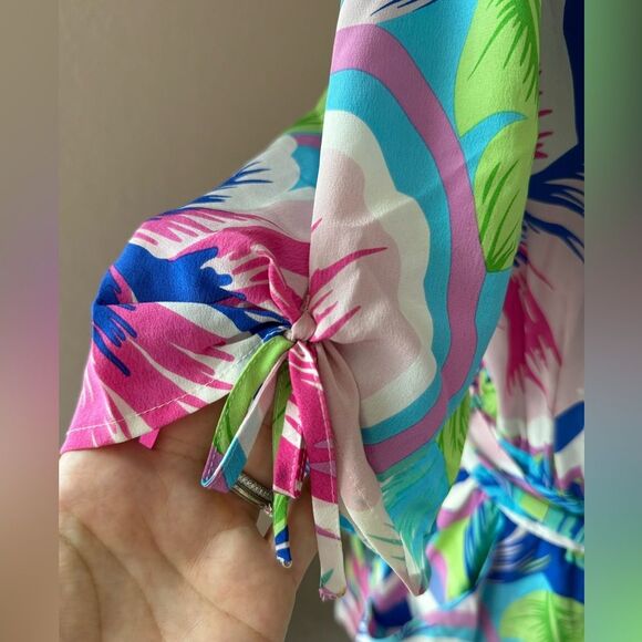 Yumi Kim 100% silk romper tropical  pockets, tie sleeves and button detail. L - Picture 7 of 16